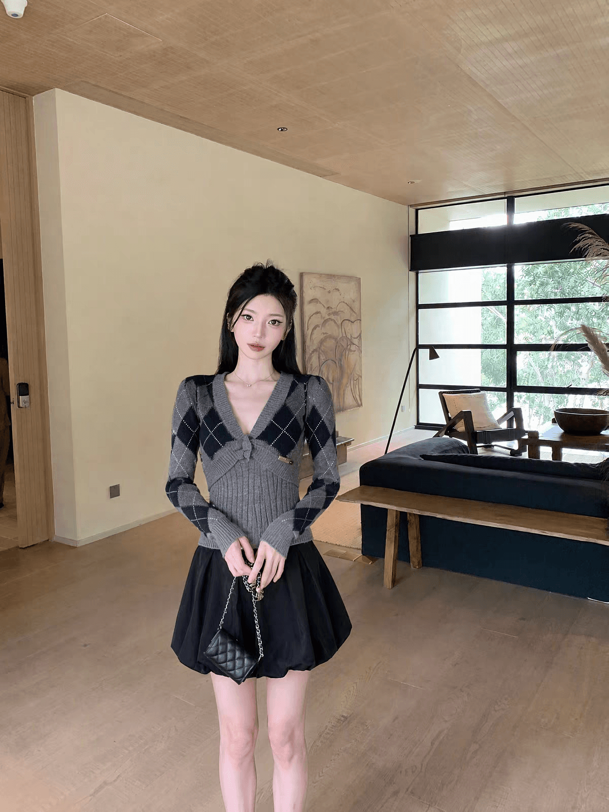 joeyjoy 와인 하나 한 부서 긴팔 회색 V넥 링 그리드 스웨터 여자 가을 겨울 고급 품격 레트로 다용도 맨위 상세 이미지 5