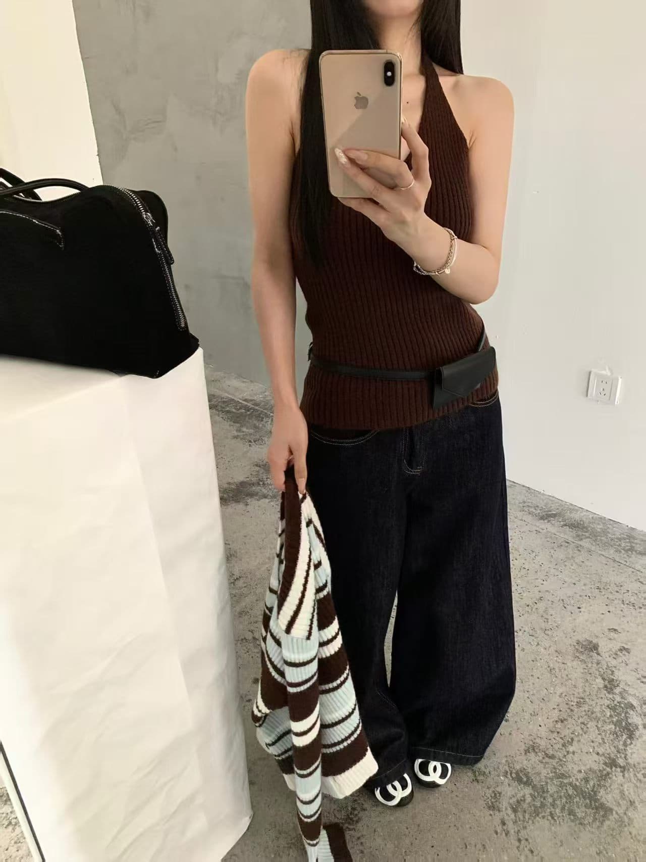 세련된 모델 학생 가을 겨울 한 부서 배색 행침 목 조끼 스트라이프 니트 오픈 가디건 두 조각 여성 세트 상세 이미지 5