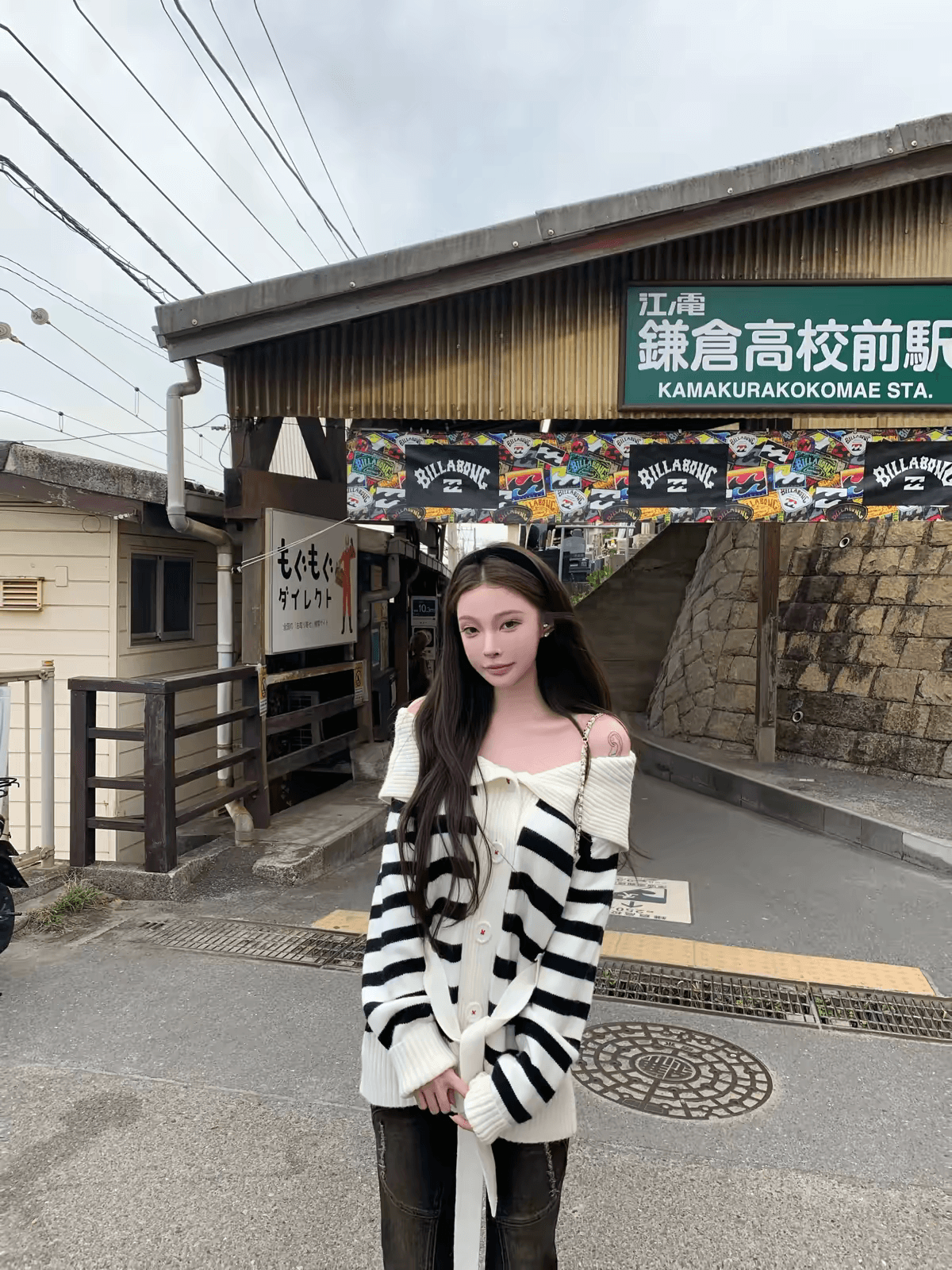 suuuicee 작은 ㅁ 편지 순수한 욕망 오프숄더 폴로 칼라 스트라이프 스웨터 오픈 가디건 허리 수축 루즈핏 니트 재킷 이미지 2