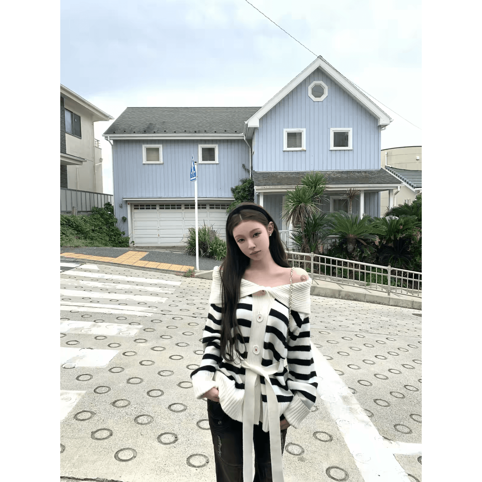 suuuicee 작은 ㅁ 편지 순수한 욕망 오프숄더 폴로 칼라 스트라이프 스웨터 오픈 가디건 허리 수축 루즈핏 니트 재킷 이미지 5