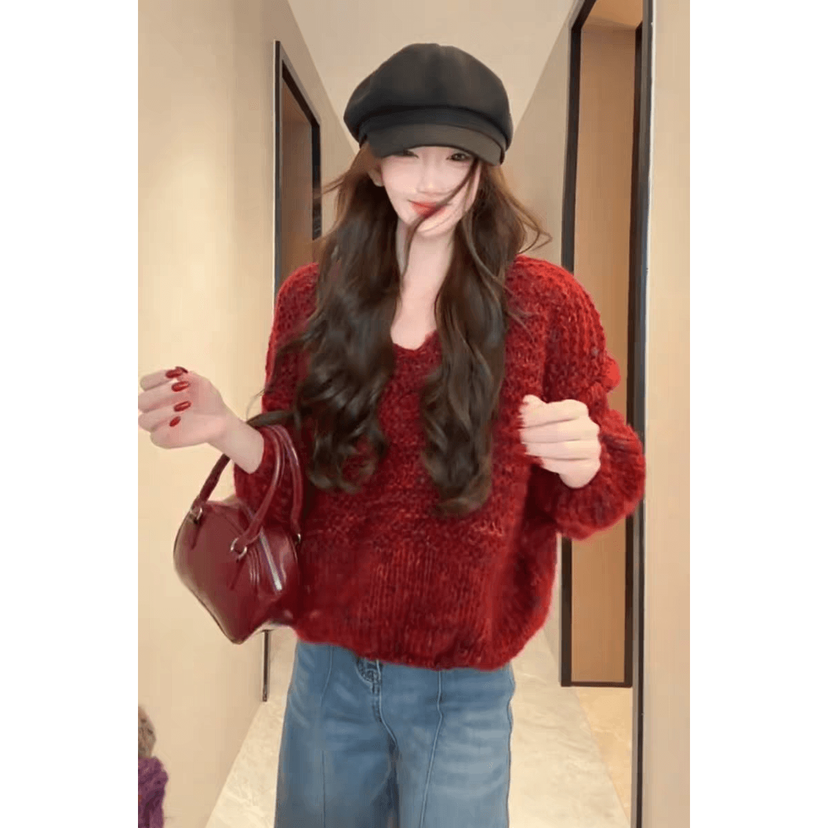한 부서 V넥 디자인 센스 두꺼운 털실 꽃무늬 쇼트 스타일 니트 스웨터 루즈핏 박쥐 풀오버 스웨터 여자 레트로 맨위 이미지 5
