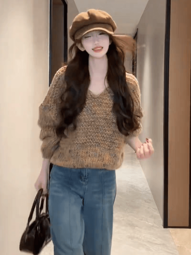 한 부서 V넥 디자인 센스 두꺼운 털실 꽃무늬 쇼트 스타일 니트 스웨터 루즈핏 박쥐 풀오버 스웨터 여자 레트로 맨위 상세 이미지 3