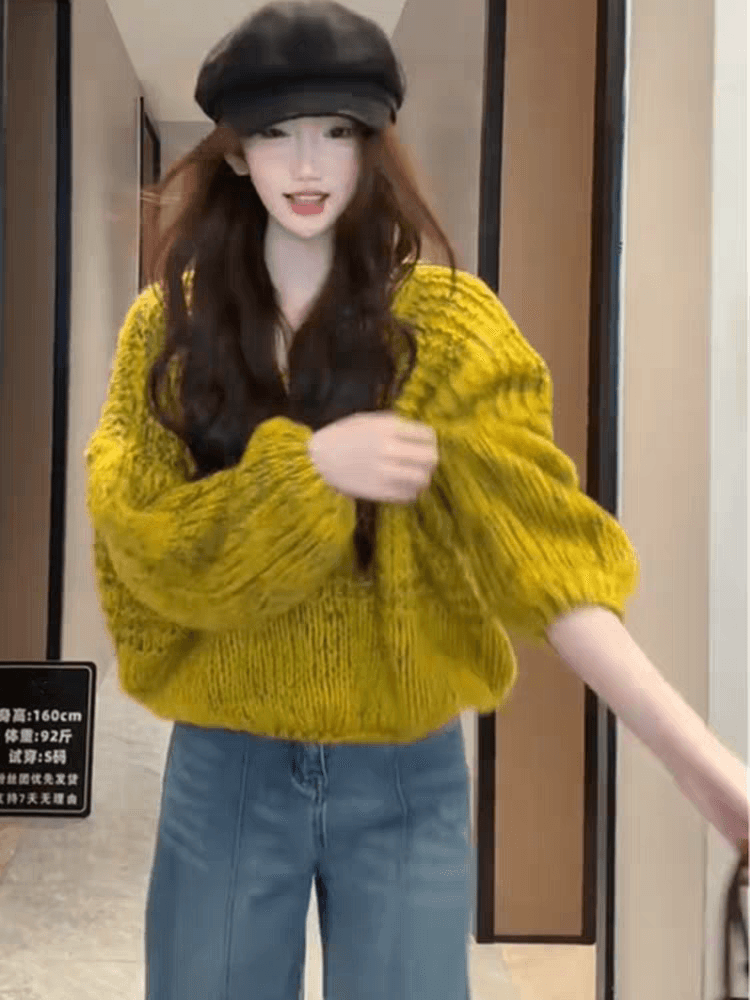 한 부서 V넥 디자인 센스 두꺼운 털실 꽃무늬 쇼트 스타일 니트 스웨터 루즈핏 박쥐 풀오버 스웨터 여자 레트로 맨위 이미지 2