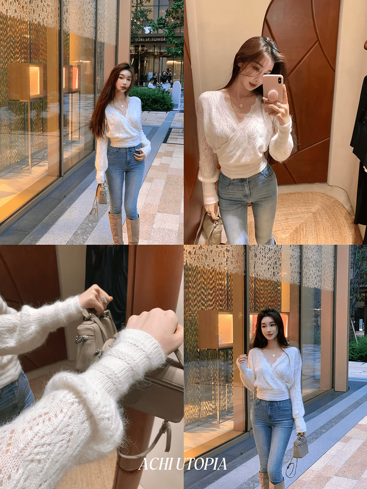 achi 대 또한 수영장 양 낙타 모헤어 화이트 V넥 홀로우 아웃 니트 기본 셔츠 맨위 여성 루즈핏 양모 스웨터 상세 이미지 1