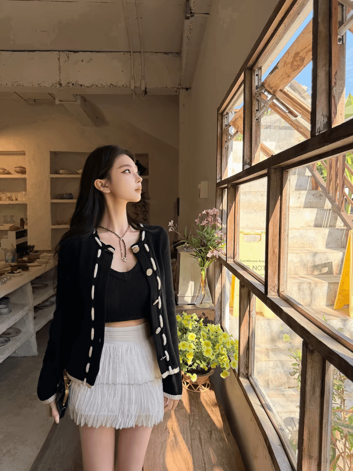 chicyou 착용 로프 디자인 샤오시엔 100 양모 기초 다용도 흑인과 백인 패치워크 색상 니트 카디건 코트 상세 이미지 2