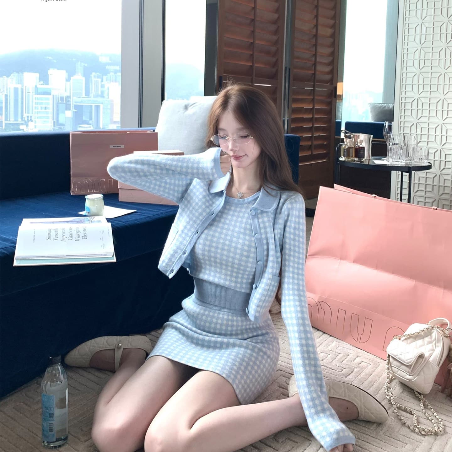늦게 우산 우산 26 ss 바다 소금 향기로운 노래 주간 실크 양 털이 푸른 그리드 분말 그리드 오픈 가디건 조끼 반 스커트 3종 세트 그룹 이미지 6