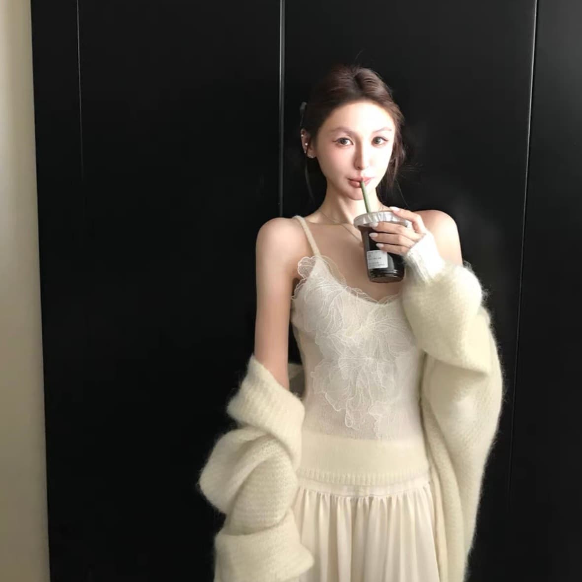 skk store 토스카 Na ~ 중 봄 양 낙타 양모 마 하이 머리 손 훅 센스 두꺼운 바늘 대 오픈 가디건 슬립 이미지 6