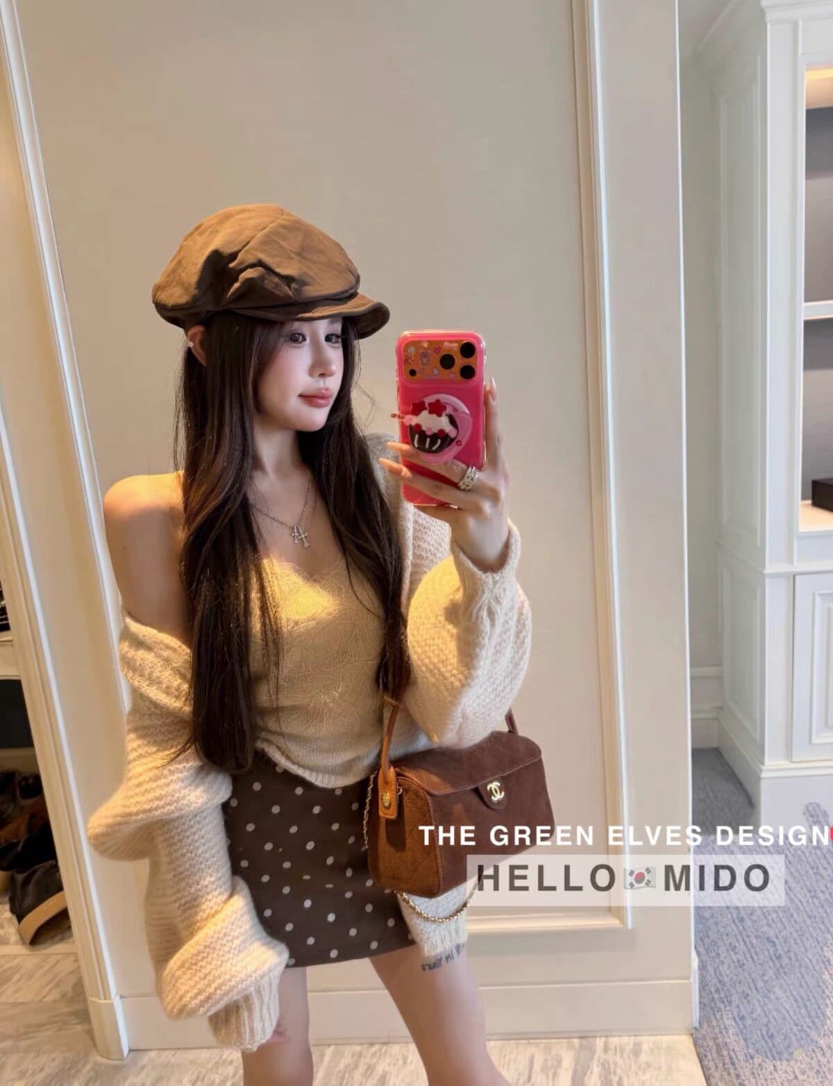 쌀 Na 홈 부드러운 센스 뮤 S 느긋한 바람 오픈 가디건 살구 색상 무거운 작업 레이스 슬립 스웨이드 원단 도트 무늬 반 스커트 이미지 4