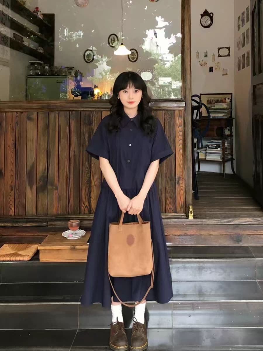한 부서 워크웨어 바람 해군 polo 폴로 칼라 여성 드레스 여름 고급 센스 품격 레트로 반팔 셔츠 롱 스커트 이미지 4
