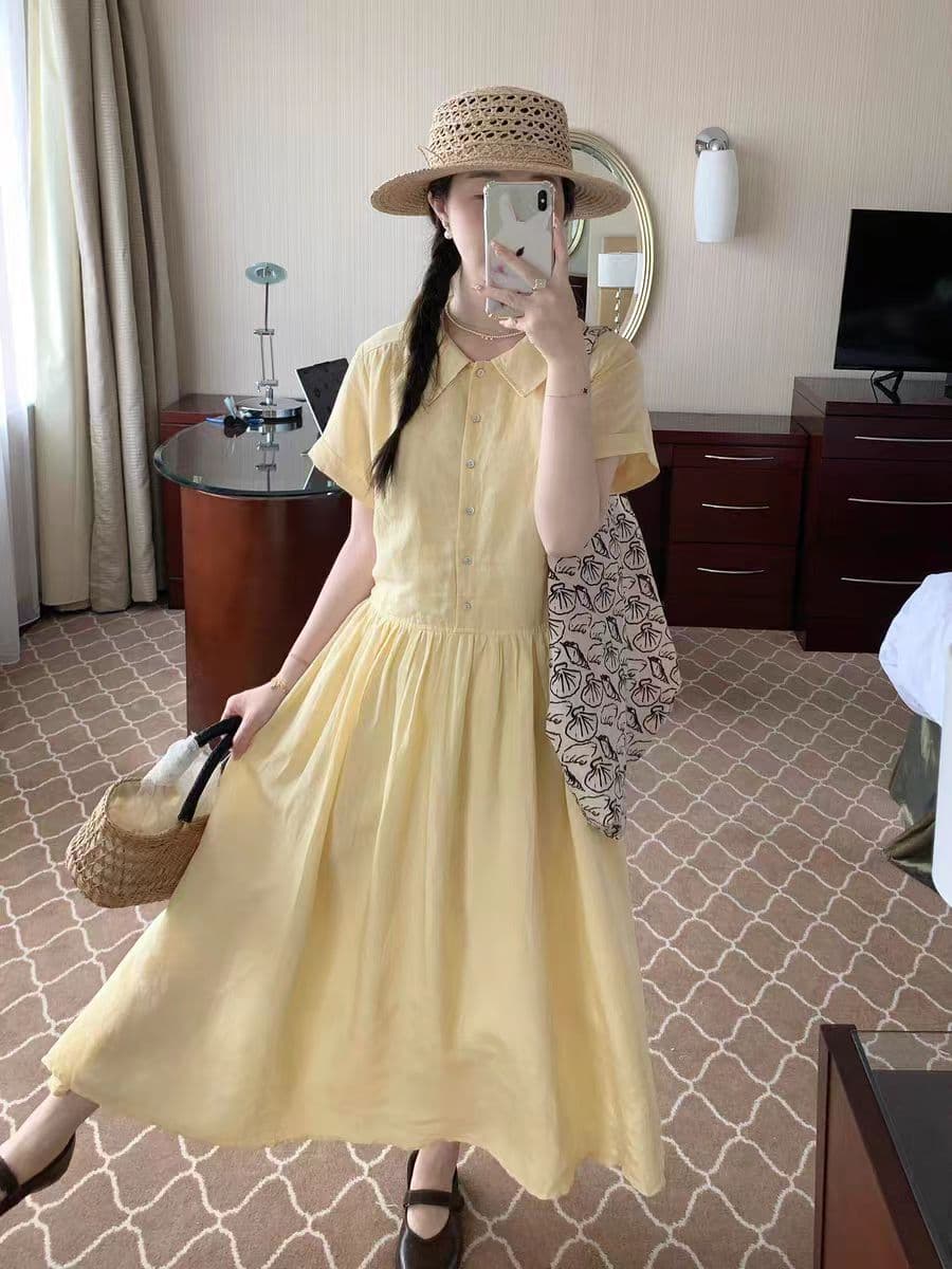 달콤함 크림 황색 폴로 칼라 드레스 출퇴근 착용 가져 가라. 레이스업 레몬 옐로우 디스플레이 화이트 허리 수축 차가운 센스 롱 스커트 상세 이미지 1