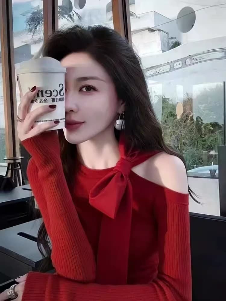 한 부서 신년 착용 가져 가라. 빨간색 비스듬한 어깨 몸매 가꾸기 긴팔 티셔츠 기본 셔츠 가을 겨울 인사이드 가져 가라. 니트 그레이트 봐. 의류 이미지 2