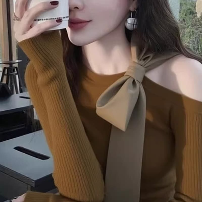 한 부서 신년 착용 가져 가라. 빨간색 비스듬한 어깨 몸매 가꾸기 긴팔 티셔츠 기본 셔츠 가을 겨울 인사이드 가져 가라. 니트 그레이트 봐. 의류 이미지 6