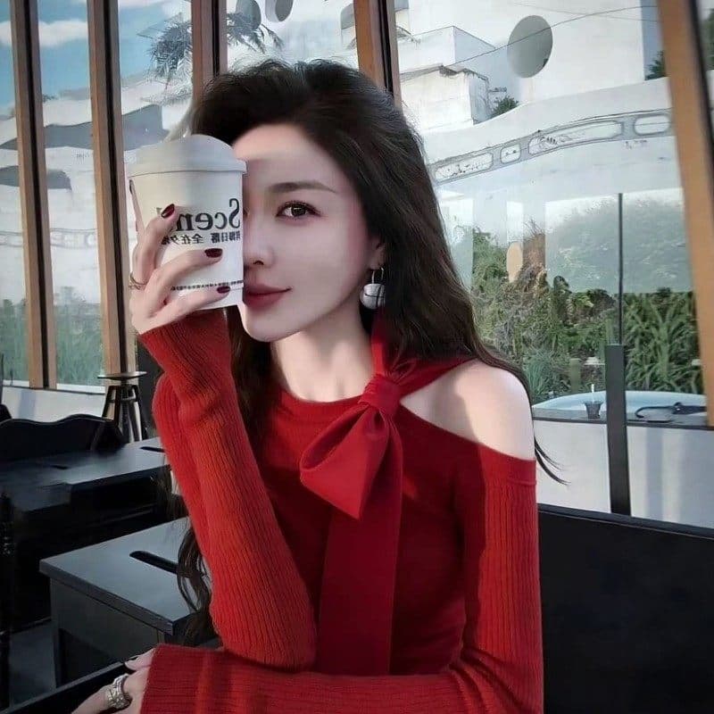 한 부서 신년 착용 가져 가라. 빨간색 비스듬한 어깨 몸매 가꾸기 긴팔 티셔츠 기본 셔츠 가을 겨울 인사이드 가져 가라. 니트 그레이트 봐. 의류 상세 이미지 1