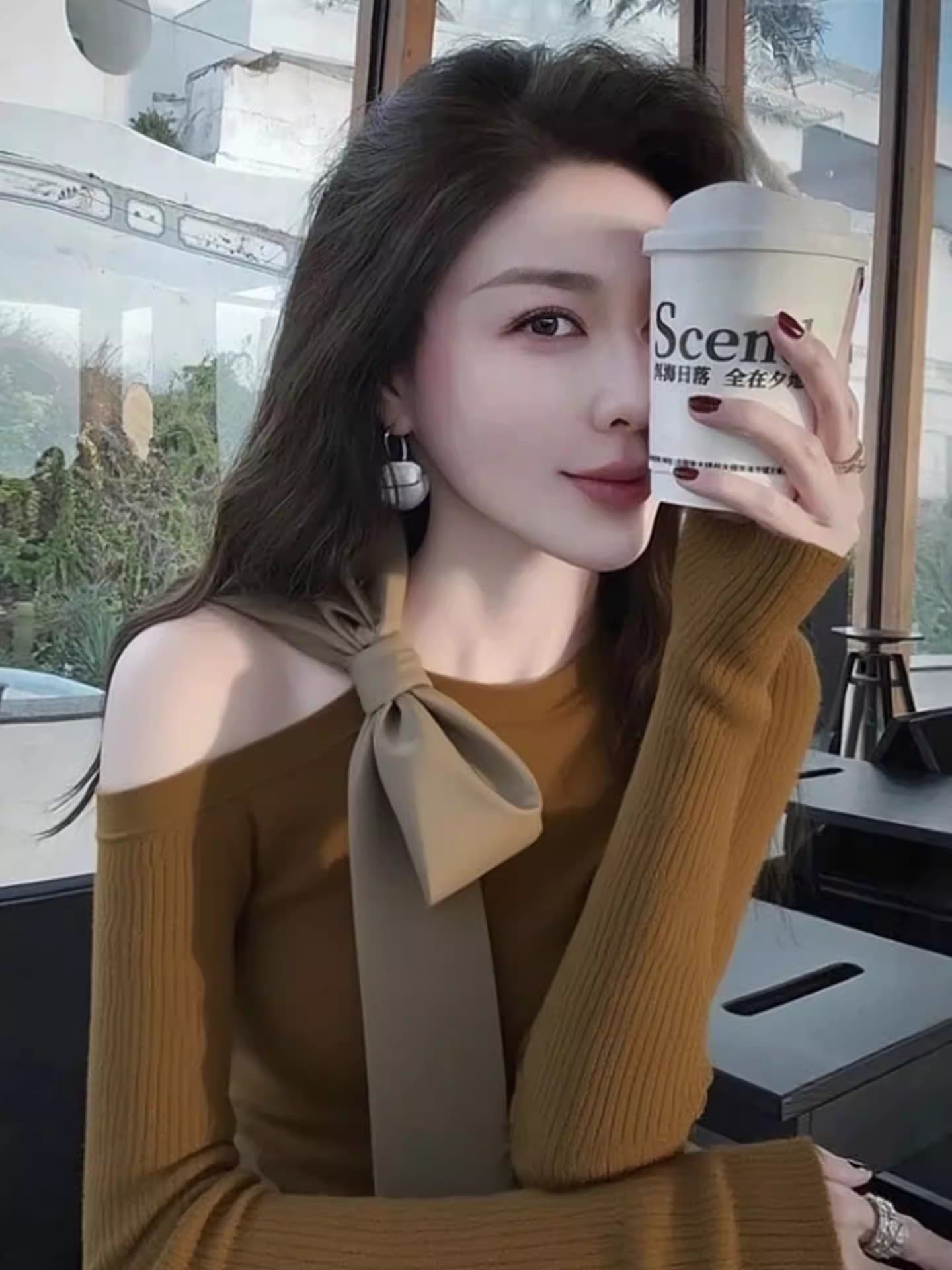 한 부서 신년 착용 가져 가라. 빨간색 비스듬한 어깨 몸매 가꾸기 긴팔 티셔츠 기본 셔츠 가을 겨울 인사이드 가져 가라. 니트 그레이트 봐. 의류 상세 이미지 4