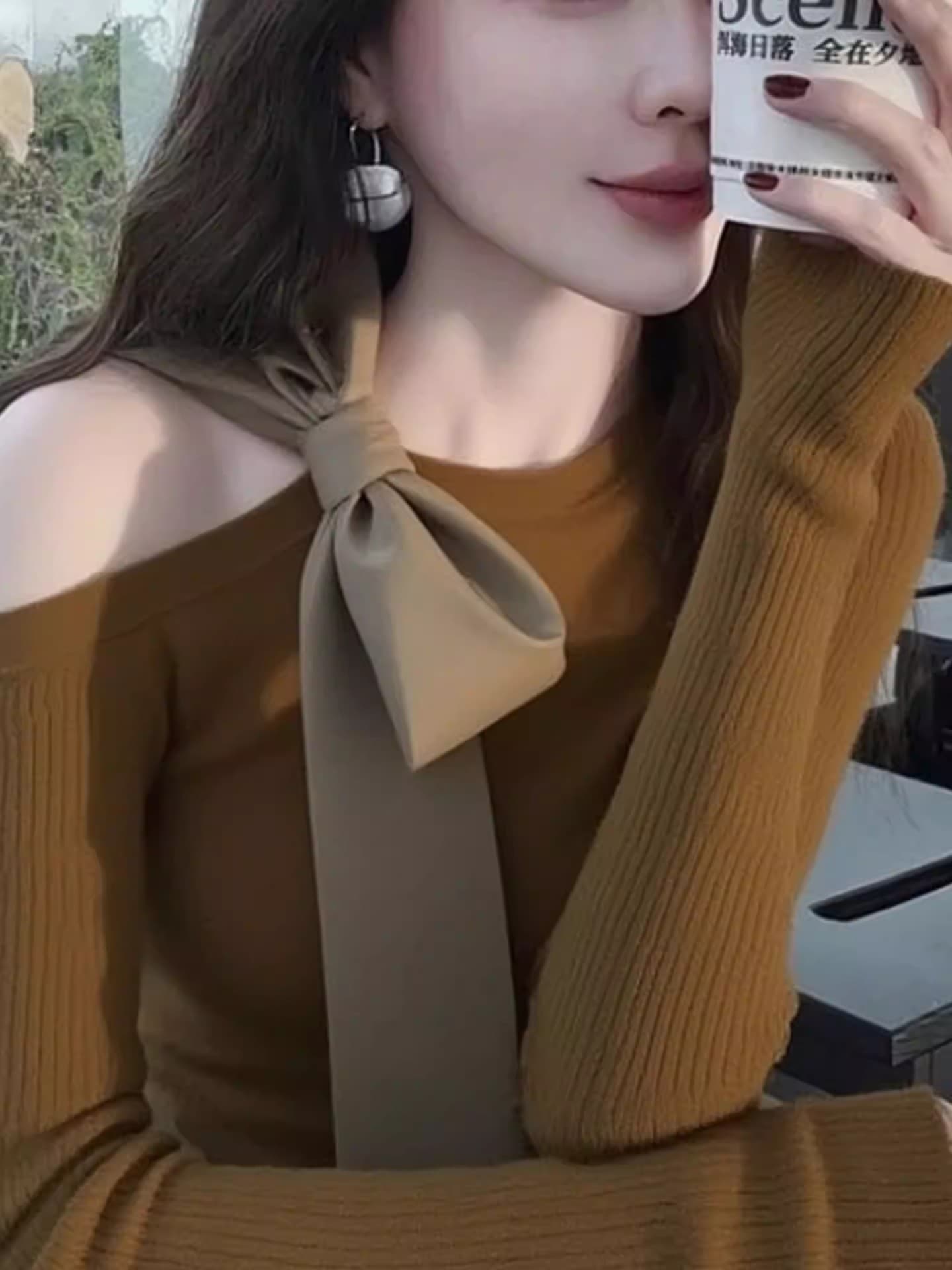 한 부서 신년 착용 가져 가라. 빨간색 비스듬한 어깨 몸매 가꾸기 긴팔 티셔츠 기본 셔츠 가을 겨울 인사이드 가져 가라. 니트 그레이트 봐. 의류 상세 이미지 8