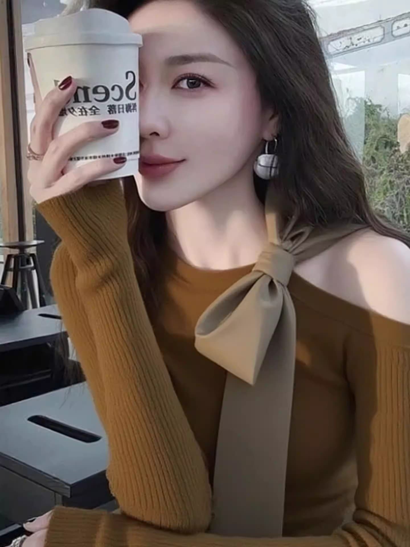 한 부서 신년 착용 가져 가라. 빨간색 비스듬한 어깨 몸매 가꾸기 긴팔 티셔츠 기본 셔츠 가을 겨울 인사이드 가져 가라. 니트 그레이트 봐. 의류 상세 이미지 10