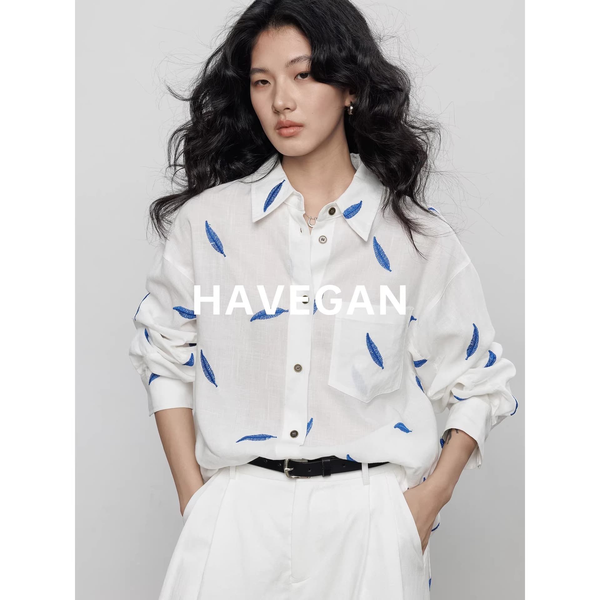 와 객실 havegan 봄 긴팔 자수 주간 실크 라미 여성 셔츠 디자인 센스 2026 새로운 캐주얼 맨위 이미지 5