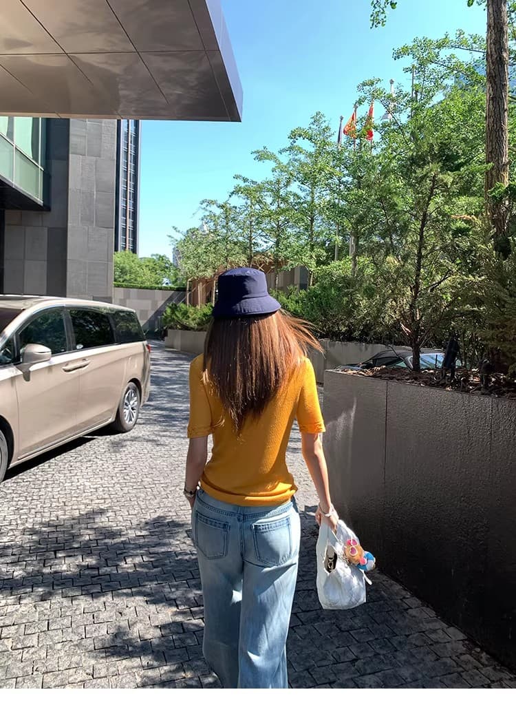 낭만주의 제직 꿈 반팔 티셔츠 새로운 물결무늬 곡물 V넥 니트 맨위 여성 상세 이미지 72