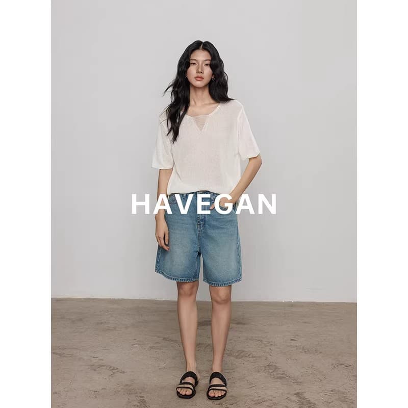 와 객실 havegan 여름 니트 반팔 여성 느긋한 루즈핏 캐주얼 오래된 돈 맨위 이미지 3