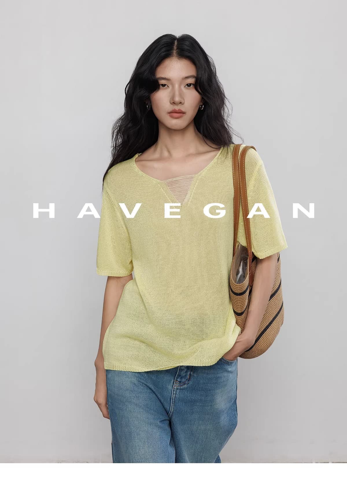 와 객실 havegan 여름 니트 반팔 여성 느긋한 루즈핏 캐주얼 오래된 돈 맨위 상세 이미지 59