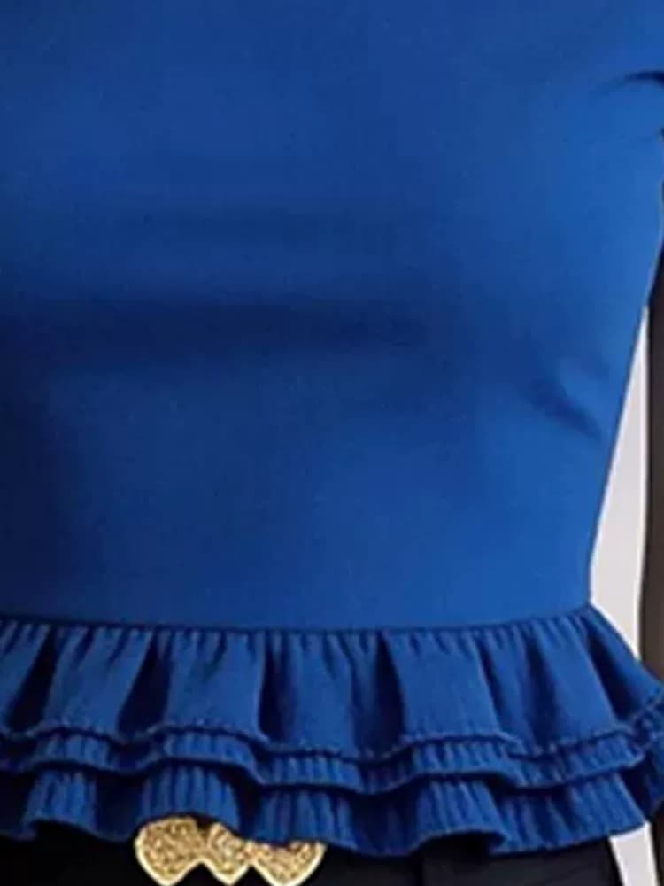 여름 달콤한 핫걸 파란색 패치워크 프릴 긍정적 인 어깨 반팔 티셔츠 여성 디자인 센스 허리 수축 슬림해 보이는 다용도 맨위 이미지 4