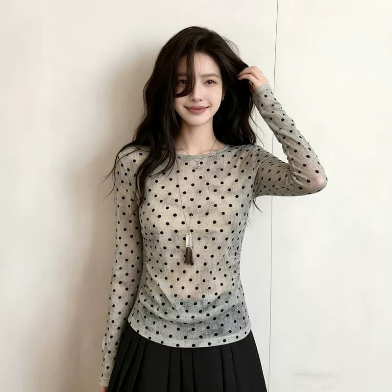 한 부서 회색 도트 무늬 긍정적 인 어깨 긴팔 티셔츠 여성 여름 고급 센스 작은 대중 아니요 명중 섹션 몸매 가꾸기 디스플레이 얇고 작은 맨위 이미지 5