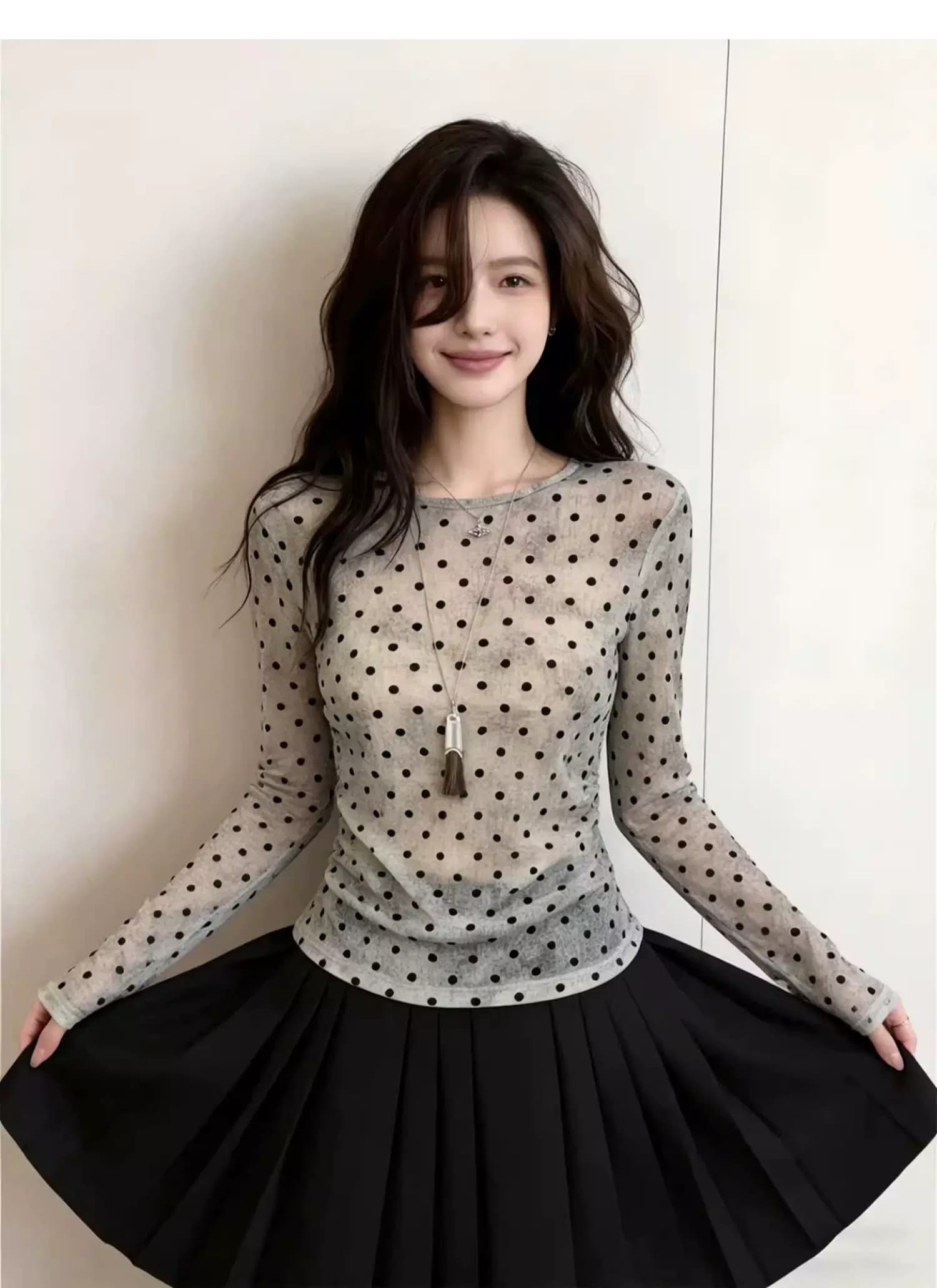 한 부서 회색 도트 무늬 긍정적 인 어깨 긴팔 티셔츠 여성 여름 고급 센스 작은 대중 아니요 명중 섹션 몸매 가꾸기 디스플레이 얇고 작은 맨위 상세 이미지 4