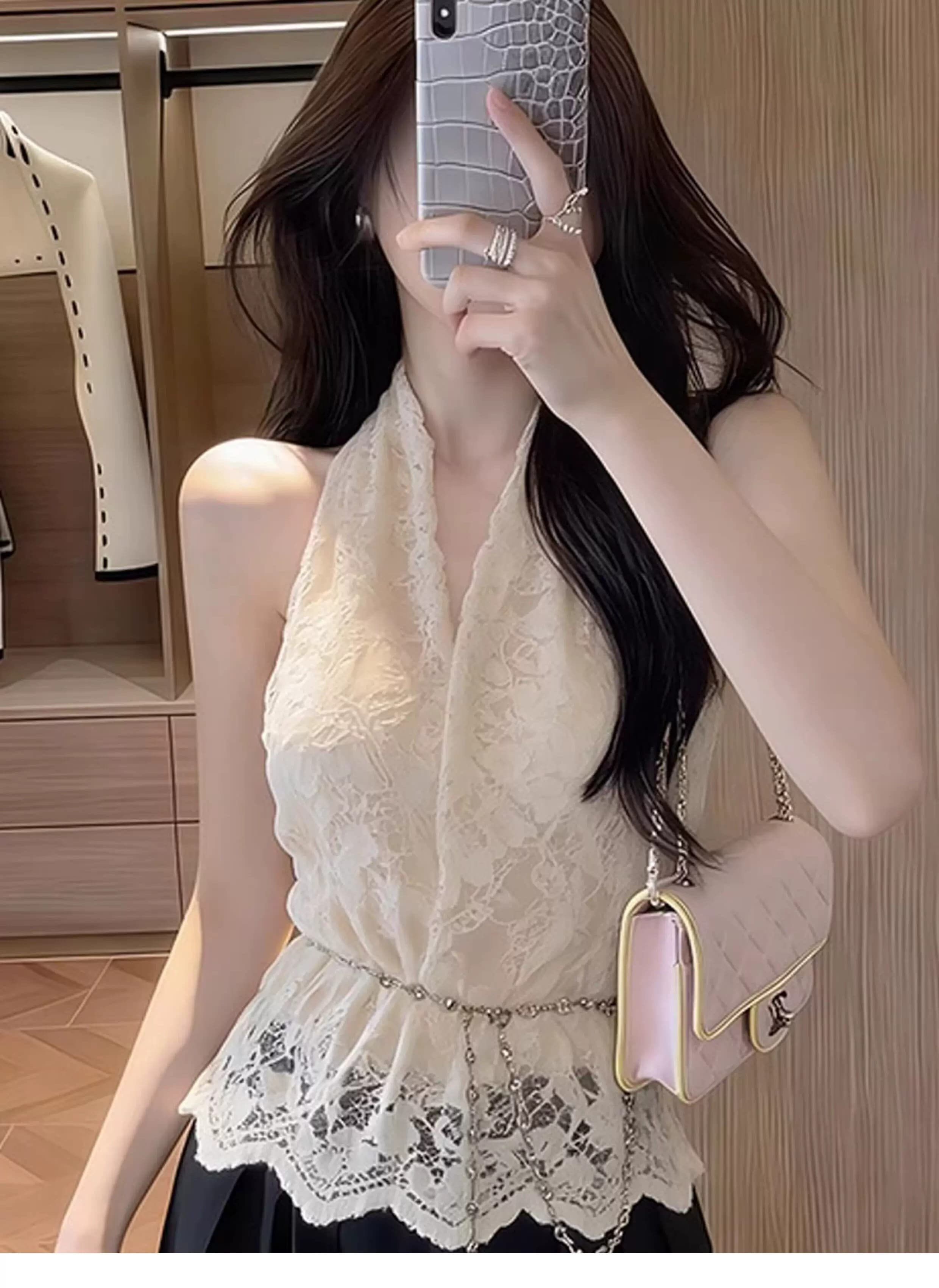 태국 아름다운 살구 색상 레이스 행침 목 작은 슬링 여성 초여름 외출용 튀김 거리 고유 한 아름다운 민소매 조끼 맨위 상세 이미지 1