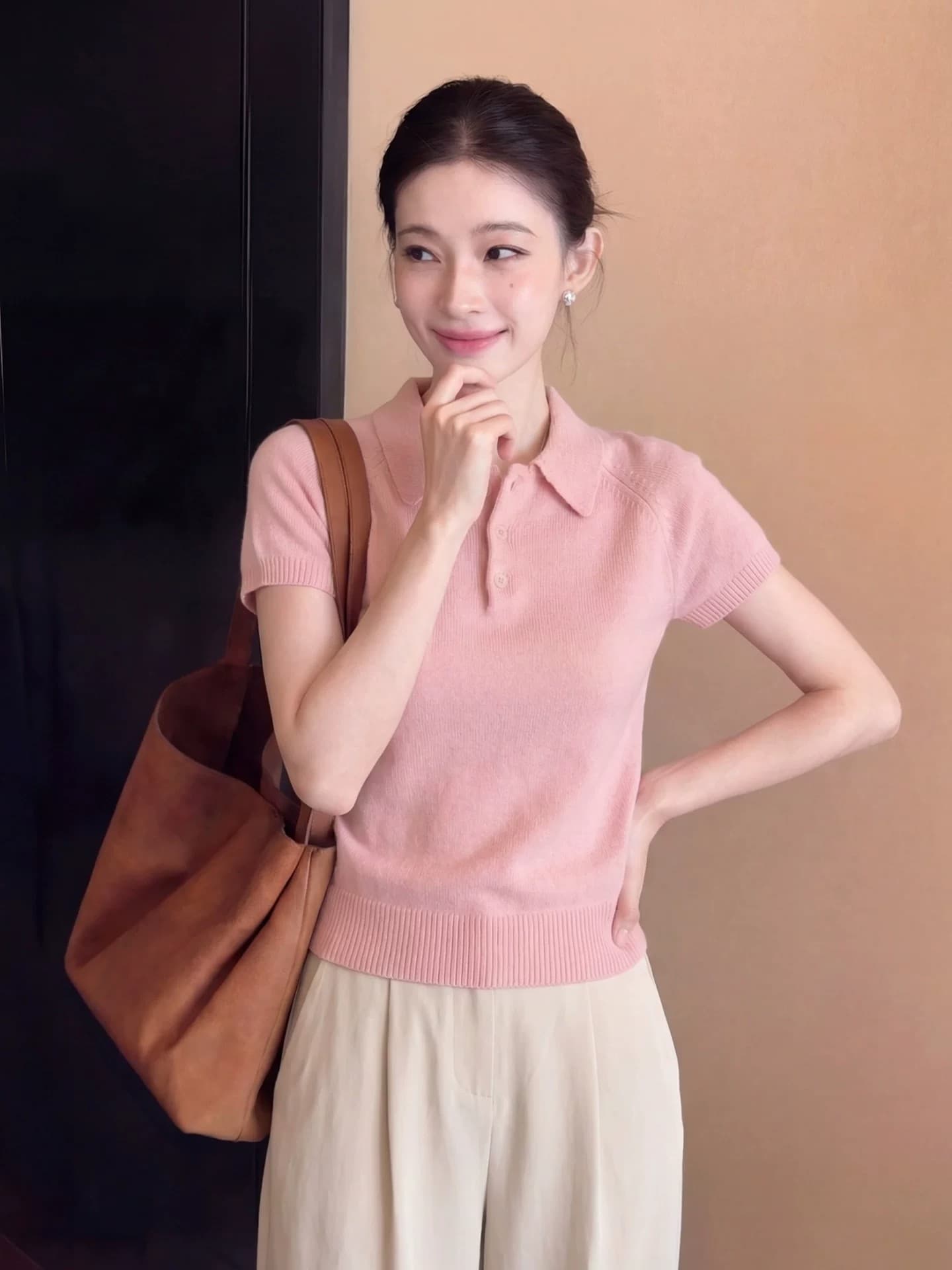 한 부서 착용 가져 가라. POLO 칼라 반팔 니트 티셔츠 여성 여름 몸매 가꾸기 슬림해 보이는 쇼트 스타일 품격 긍정적 인 어깨 의류 상세 이미지 10