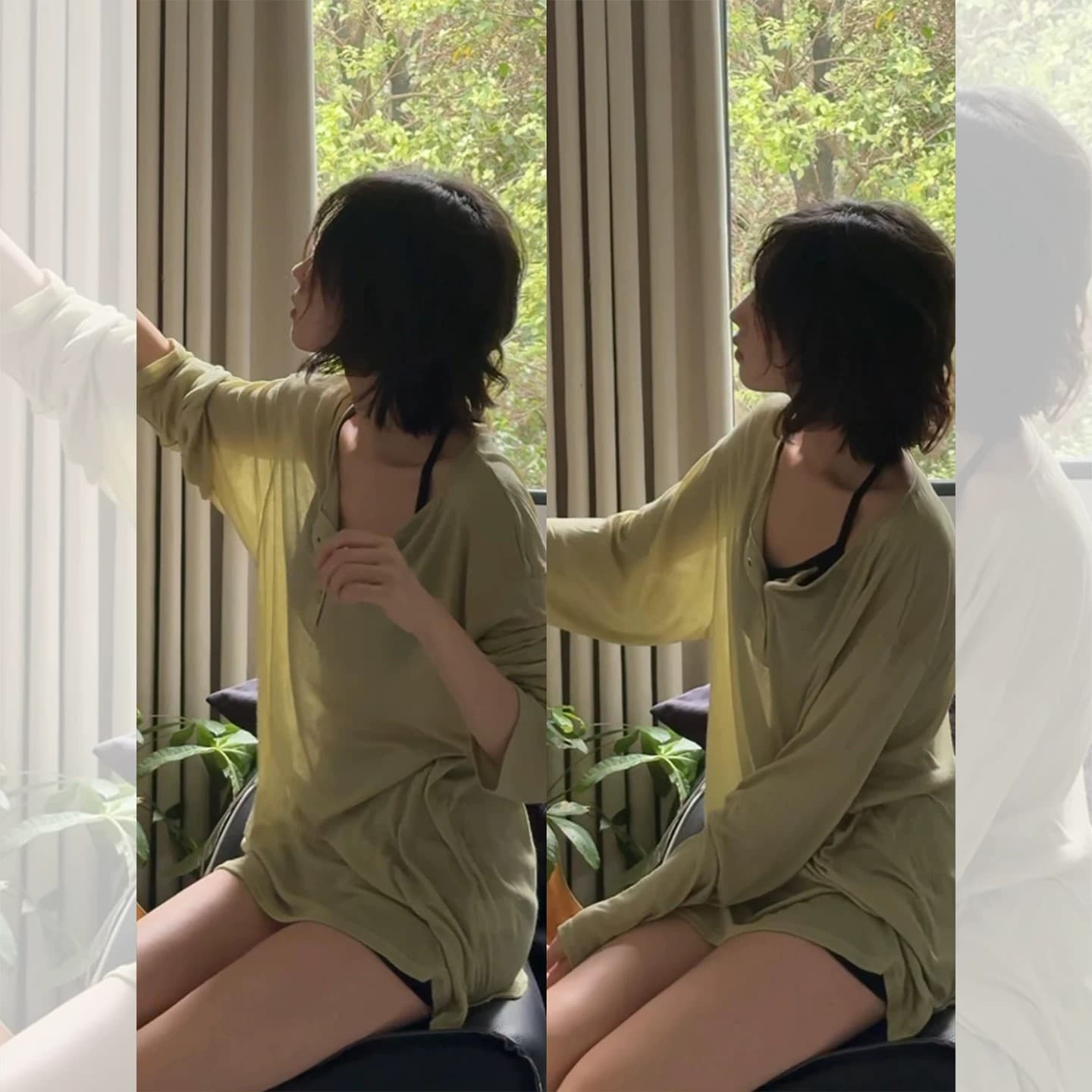 녹색 자외선 차단 얼음 실크 긴팔 티셔츠 블라우스 여성 여름 2026 느긋한 느슨함 센스 외부 가져 가라. 루즈핏 맨위 얇은 스타일 이미지 2