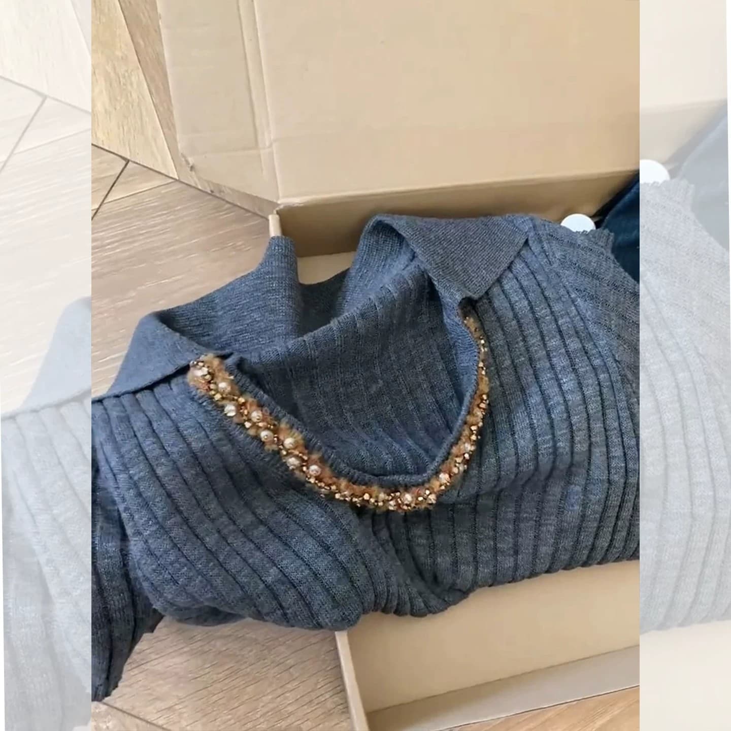 한 부서 아름다운 POLO 칼라 회색 니트 반팔 티셔츠 여성 여름 빛 럭셔리 고급 센스 품격 작은 맨위 상세 이미지 2