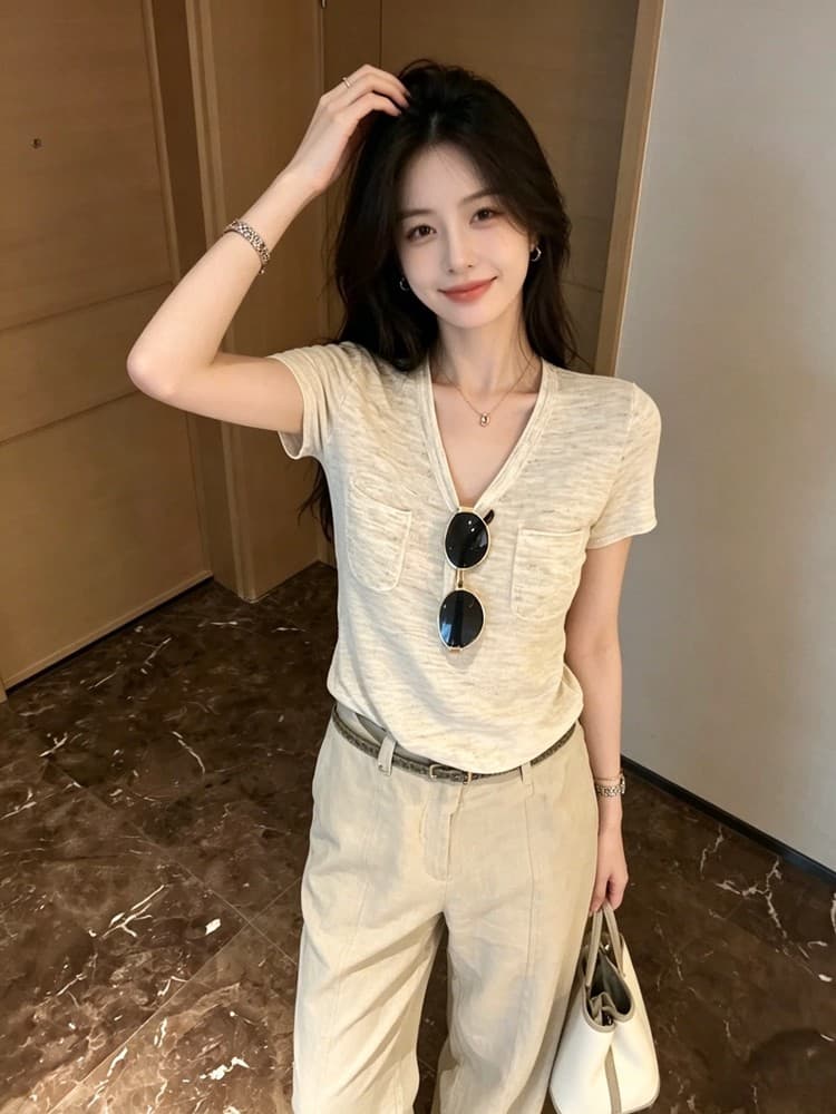 오래된 돈 바람 V넥 니트 반팔 티셔츠 여성 여름 2026 분위기 센스 품격 캐주얼 몸매 가꾸기 슬림해 보이는 긍정적 인 어깨 의류 상세 이미지 11