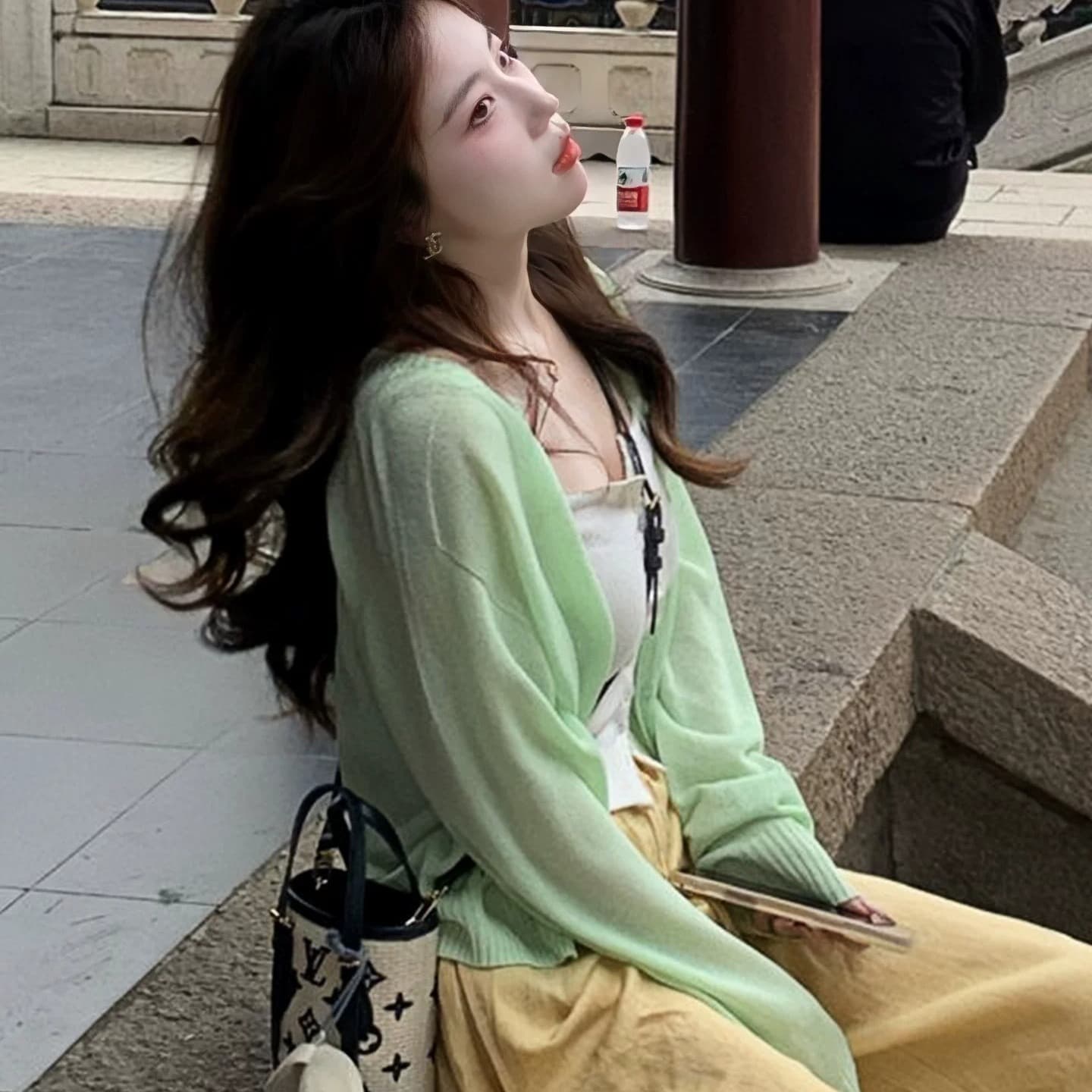 한 부서 녹색 자외선 차단 니트 오픈 가디건 여성 코트 자이언트 잘 생긴 ~ 중 여름 외부 가져 가라. 에어컨 블라우스 맨위 얇은 이미지 5