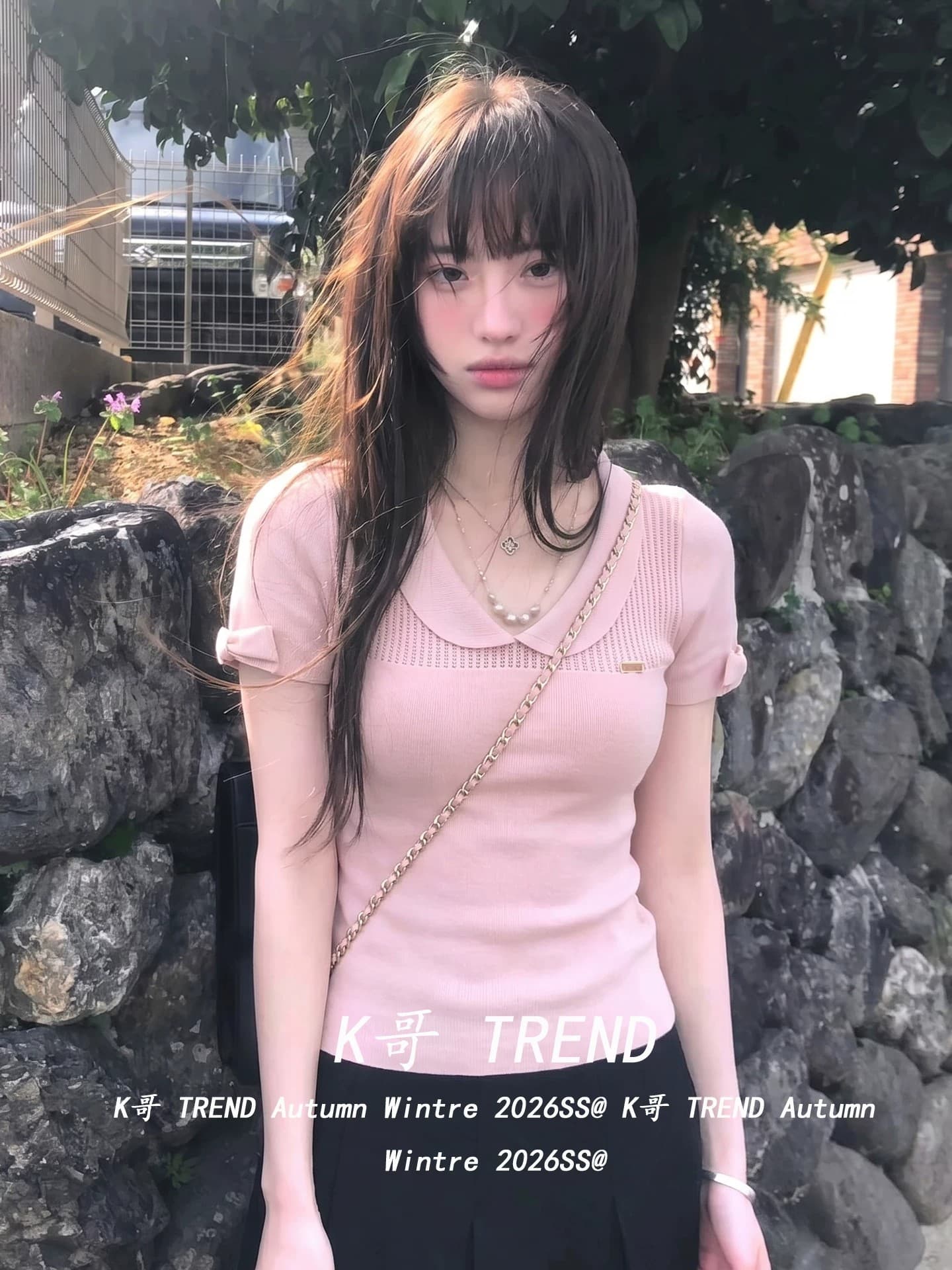 베이비 칼라 반팔 니트 스웨터 여성 여름 착용 가져 가라. 디자인 센스 나비 매듭 작은 대중 도파민 핑크색 티셔츠 맨위 이미지 4