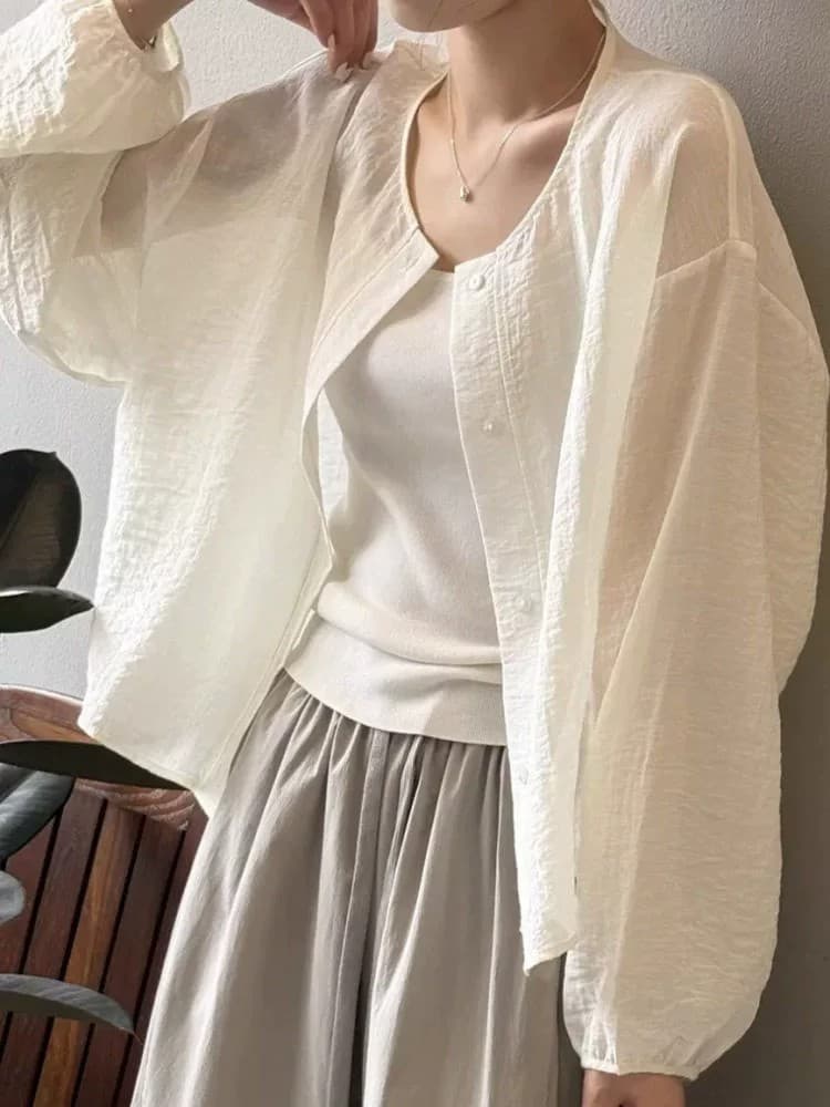 한 부서 화이트 셔츠 여성 코트 여름 얇은 스타일 외부 가져 가라. Tulle 블라우스 자외선 차단 오픈 가디건 에어컨 셔츠 맨위