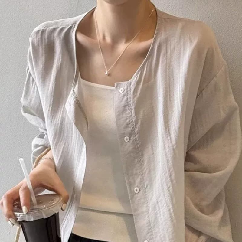 한 부서 화이트 셔츠 여성 코트 여름 얇은 스타일 외부 가져 가라. Tulle 블라우스 자외선 차단 오픈 가디건 에어컨 셔츠 맨위 이미지 5