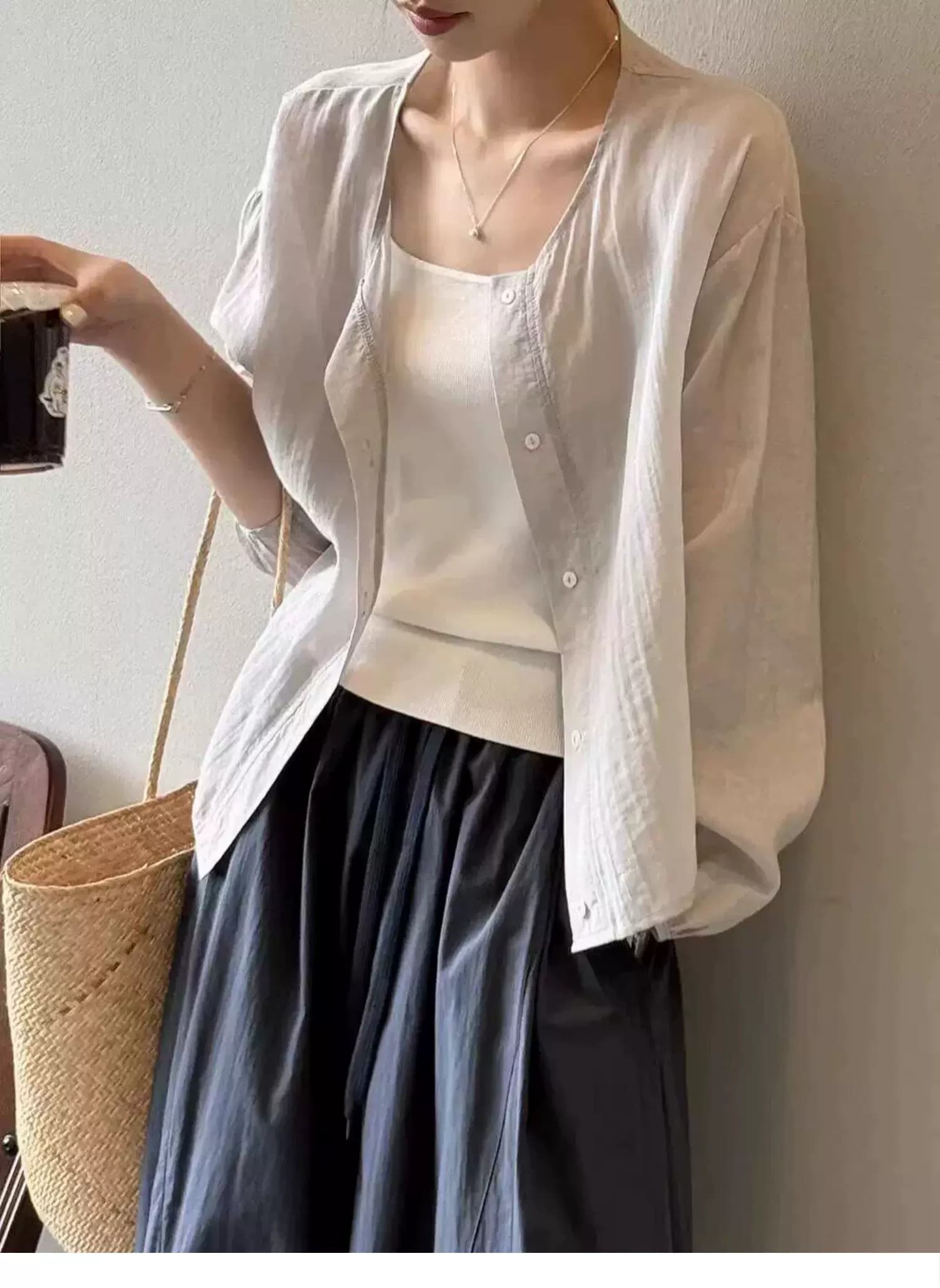 한 부서 화이트 셔츠 여성 코트 여름 얇은 스타일 외부 가져 가라. Tulle 블라우스 자외선 차단 오픈 가디건 에어컨 셔츠 맨위 상세 이미지 28