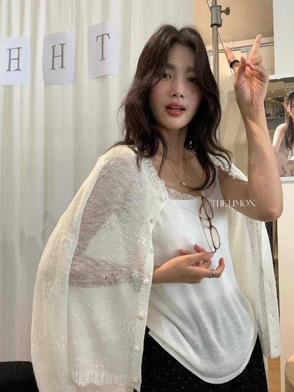 the limon 레몬 녹차 라운드 넥 레이스 홀로우 아웃 얇은 스타일 자외선 차단 대나무 마디 마 니트 오픈 가디건 여성 여름 이미지 2