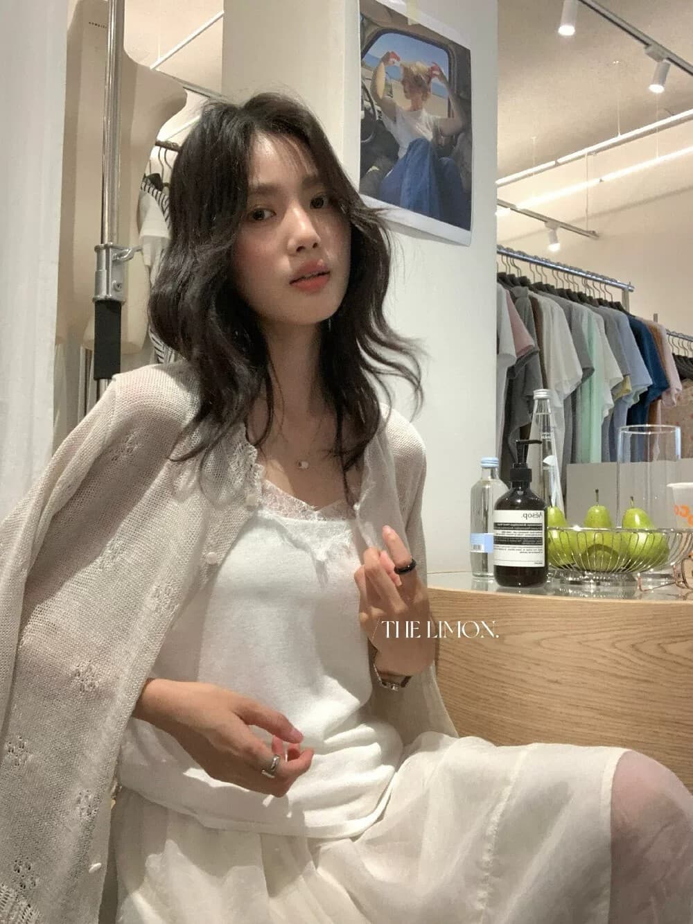 the limon 레몬 녹차 라운드 넥 레이스 홀로우 아웃 얇은 스타일 자외선 차단 대나무 마디 마 니트 오픈 가디건 여성 여름 상세 이미지 3