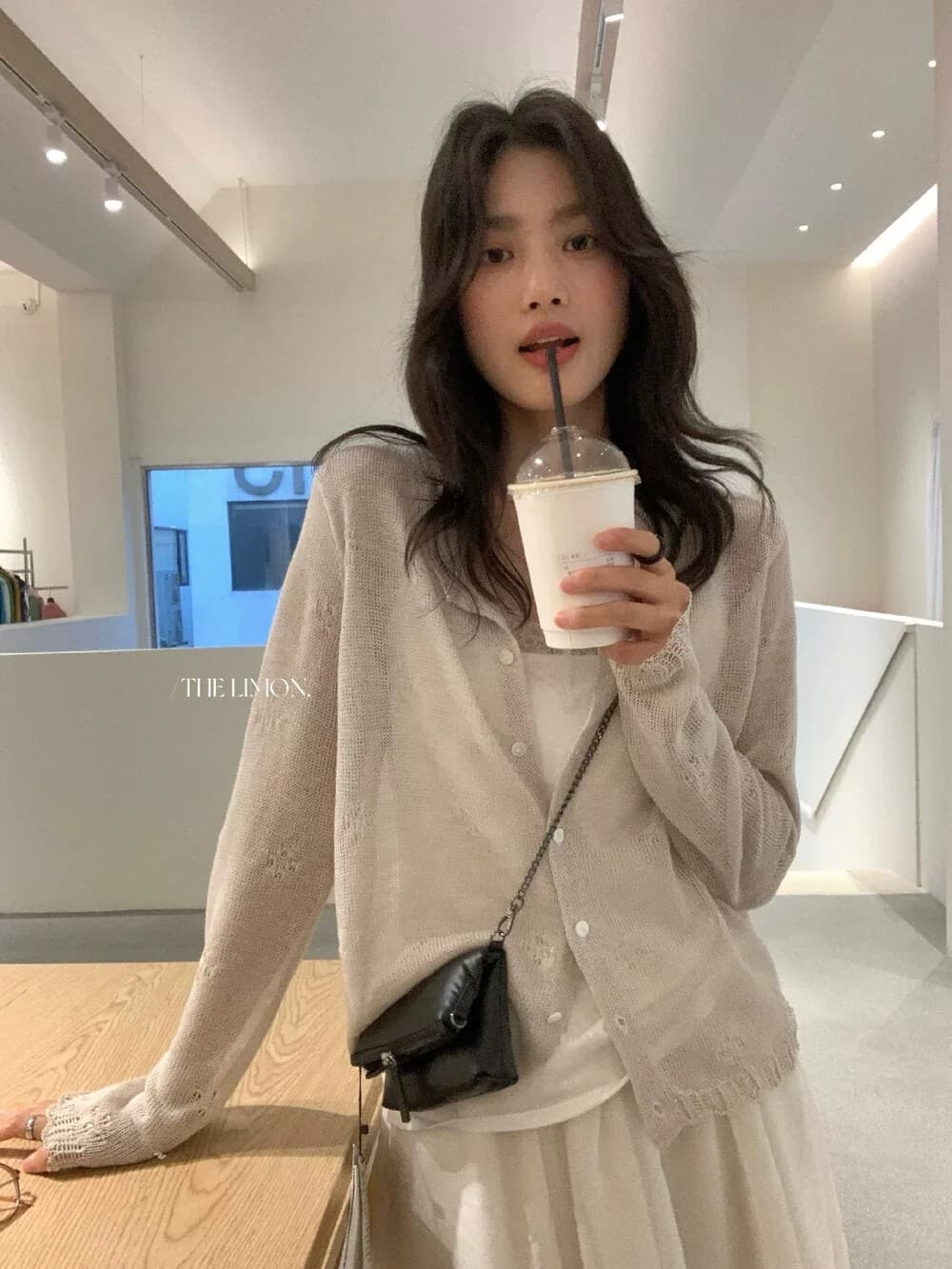 the limon 레몬 녹차 라운드 넥 레이스 홀로우 아웃 얇은 스타일 자외선 차단 대나무 마디 마 니트 오픈 가디건 여성 여름 상세 이미지 4