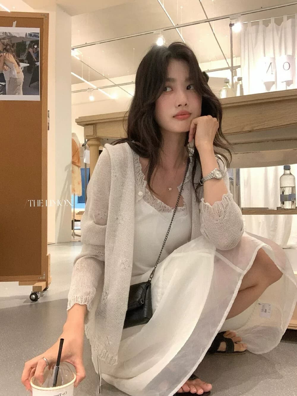 the limon 레몬 녹차 라운드 넥 레이스 홀로우 아웃 얇은 스타일 자외선 차단 대나무 마디 마 니트 오픈 가디건 여성 여름 상세 이미지 9