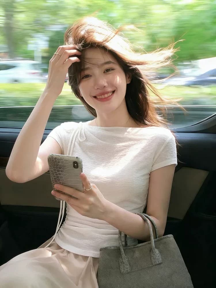 프랑스식 품격 화이트 보트넥 반팔 여성 여름 얇은 스타일 고급 센스 몸매 가꾸기 허리 수축 티셔츠 맨위 이미지 3