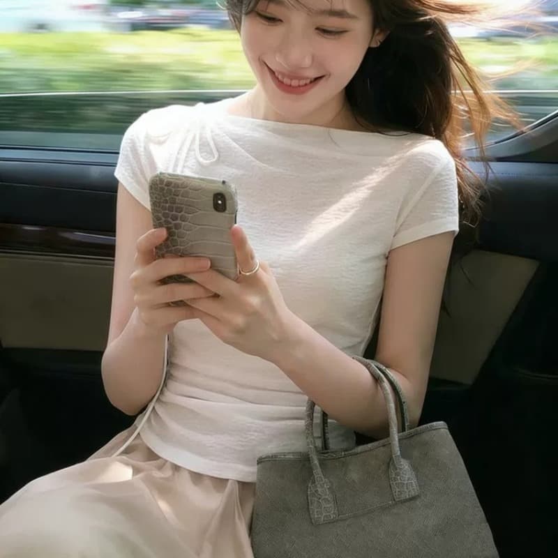 프랑스식 품격 화이트 보트넥 반팔 여성 여름 얇은 스타일 고급 센스 몸매 가꾸기 허리 수축 티셔츠 맨위 이미지 5
