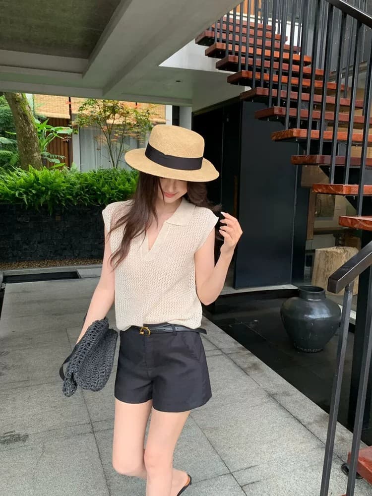 POLO 칼라 홀로우 아웃 조끼 티셔츠 여성 여름 오래된 돈 바람 느긋한 루즈핏 캐주얼 미니멀리즘 어깨 V넥 민소매 맨위 이미지 3