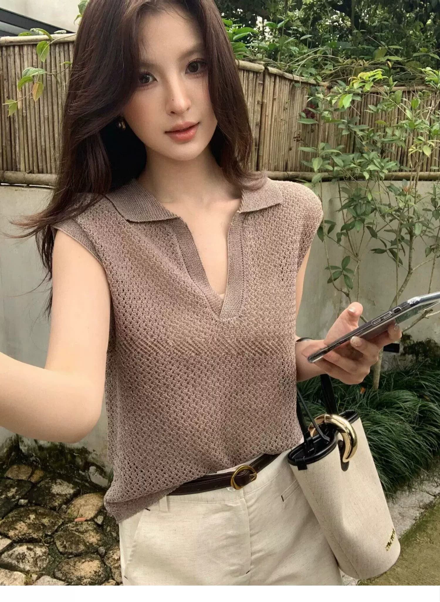 POLO 칼라 홀로우 아웃 조끼 티셔츠 여성 여름 오래된 돈 바람 느긋한 루즈핏 캐주얼 미니멀리즘 어깨 V넥 민소매 맨위 상세 이미지 5