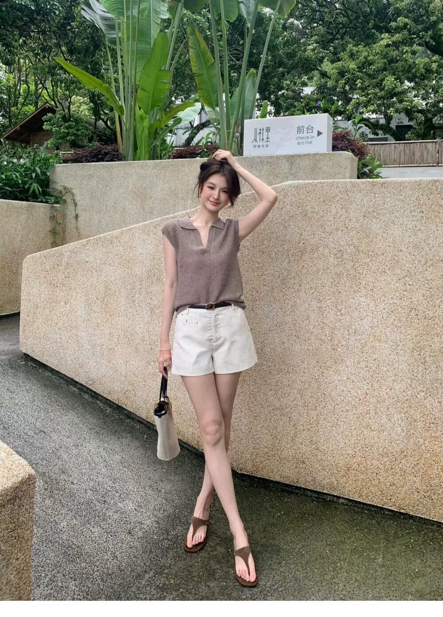 POLO 칼라 홀로우 아웃 조끼 티셔츠 여성 여름 오래된 돈 바람 느긋한 루즈핏 캐주얼 미니멀리즘 어깨 V넥 민소매 맨위 상세 이미지 8