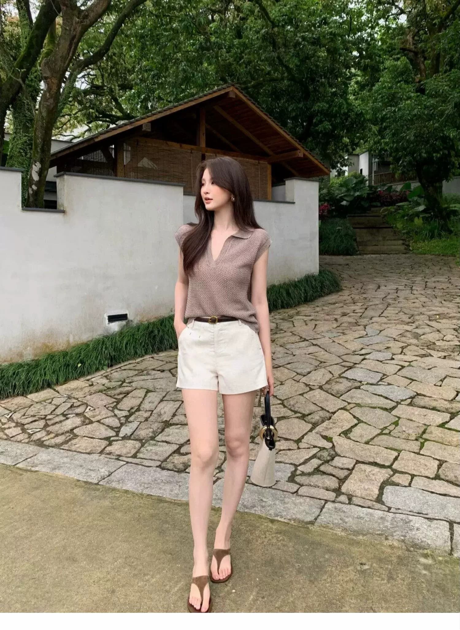 POLO 칼라 홀로우 아웃 조끼 티셔츠 여성 여름 오래된 돈 바람 느긋한 루즈핏 캐주얼 미니멀리즘 어깨 V넥 민소매 맨위 상세 이미지 9