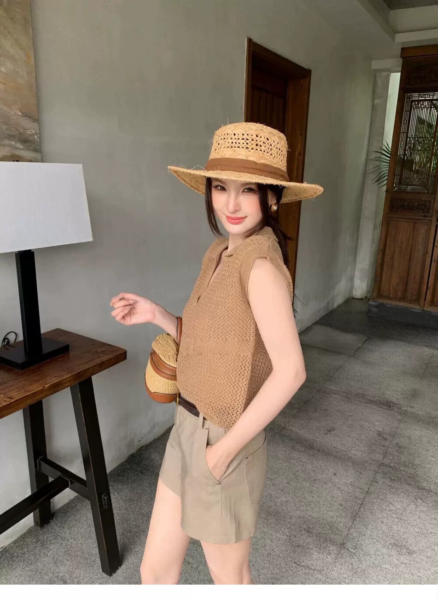 POLO 칼라 홀로우 아웃 조끼 티셔츠 여성 여름 오래된 돈 바람 느긋한 루즈핏 캐주얼 미니멀리즘 어깨 V넥 민소매 맨위 상세 이미지 10