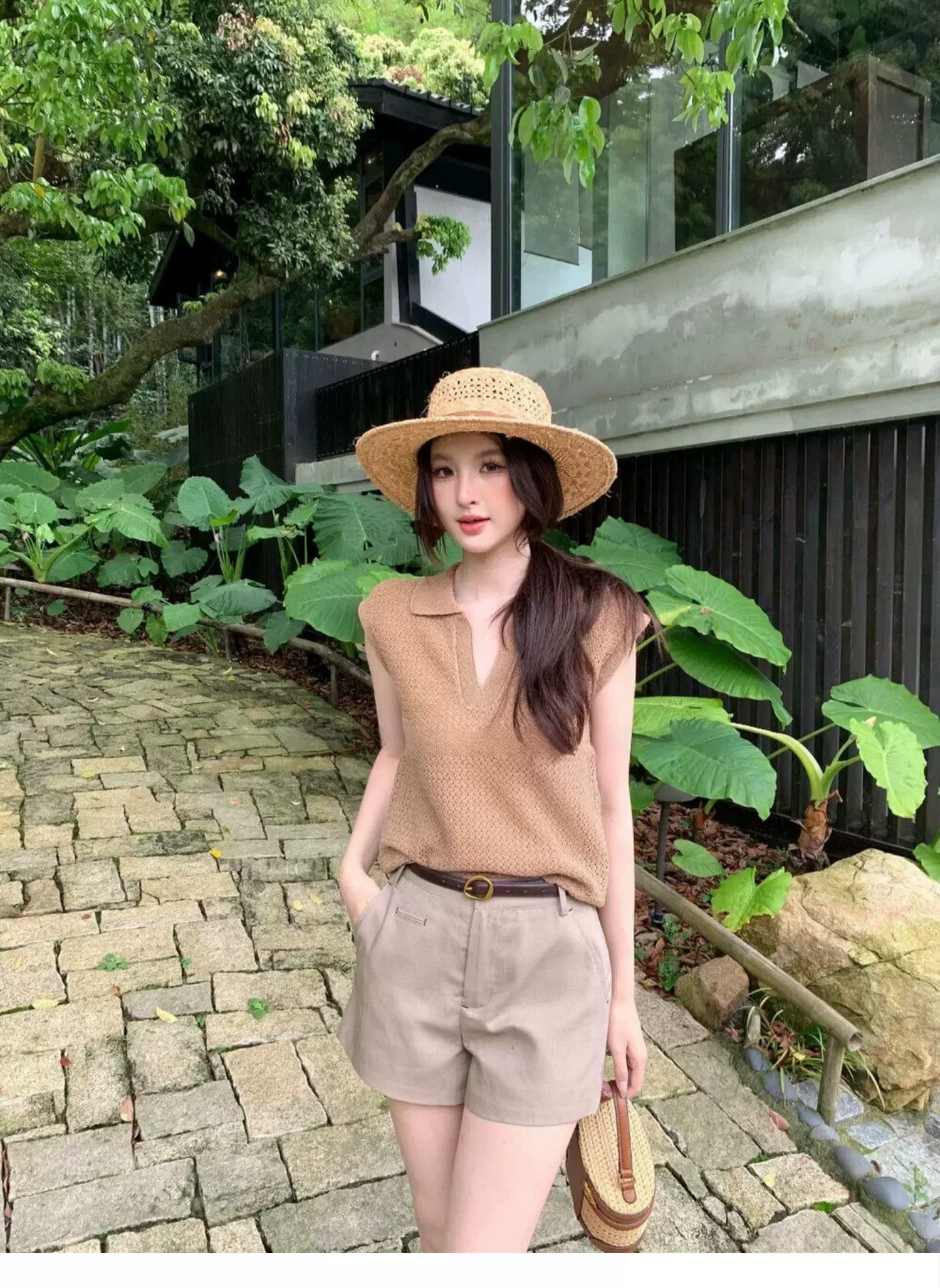 POLO 칼라 홀로우 아웃 조끼 티셔츠 여성 여름 오래된 돈 바람 느긋한 루즈핏 캐주얼 미니멀리즘 어깨 V넥 민소매 맨위 상세 이미지 11
