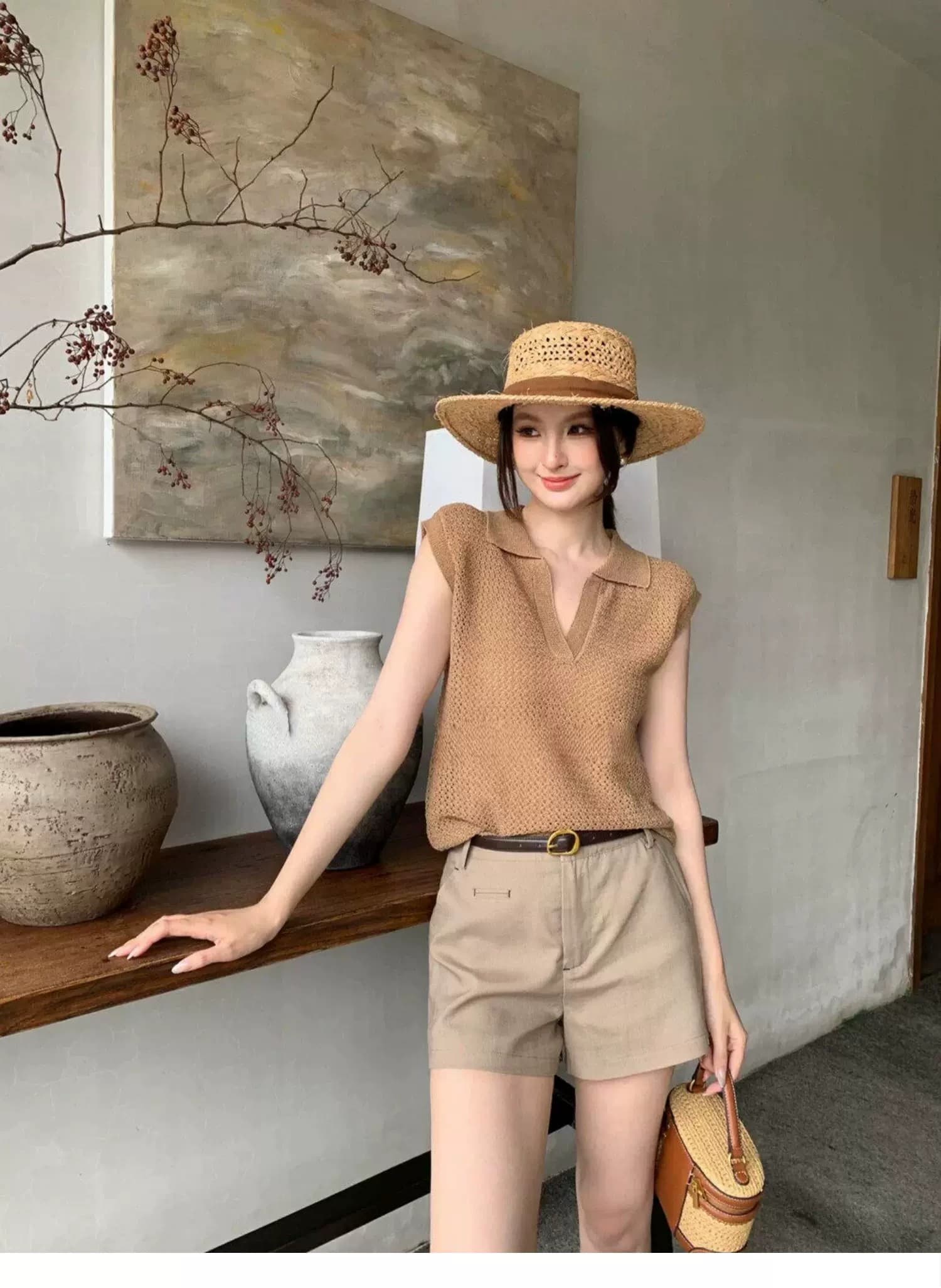 POLO 칼라 홀로우 아웃 조끼 티셔츠 여성 여름 오래된 돈 바람 느긋한 루즈핏 캐주얼 미니멀리즘 어깨 V넥 민소매 맨위 상세 이미지 13